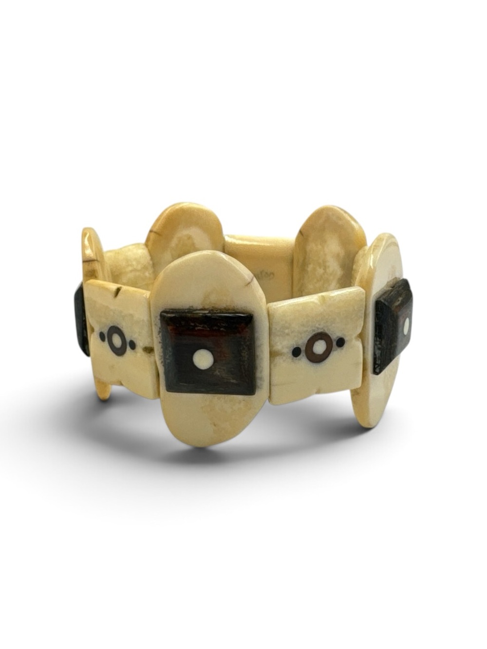 Signed Alaskan Native Carved Ivory Bone Inlaid Stretch Bracelet Geometric